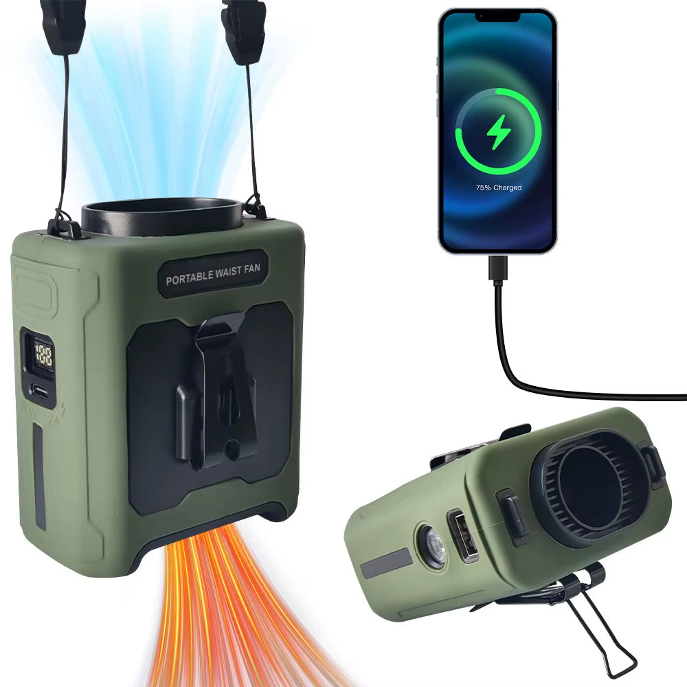 10000Mah Waist Fan Portable Handheld Hanging Neck Fan Ultra-Strong Wind with Phone Charging LED Light for Outdoor Working